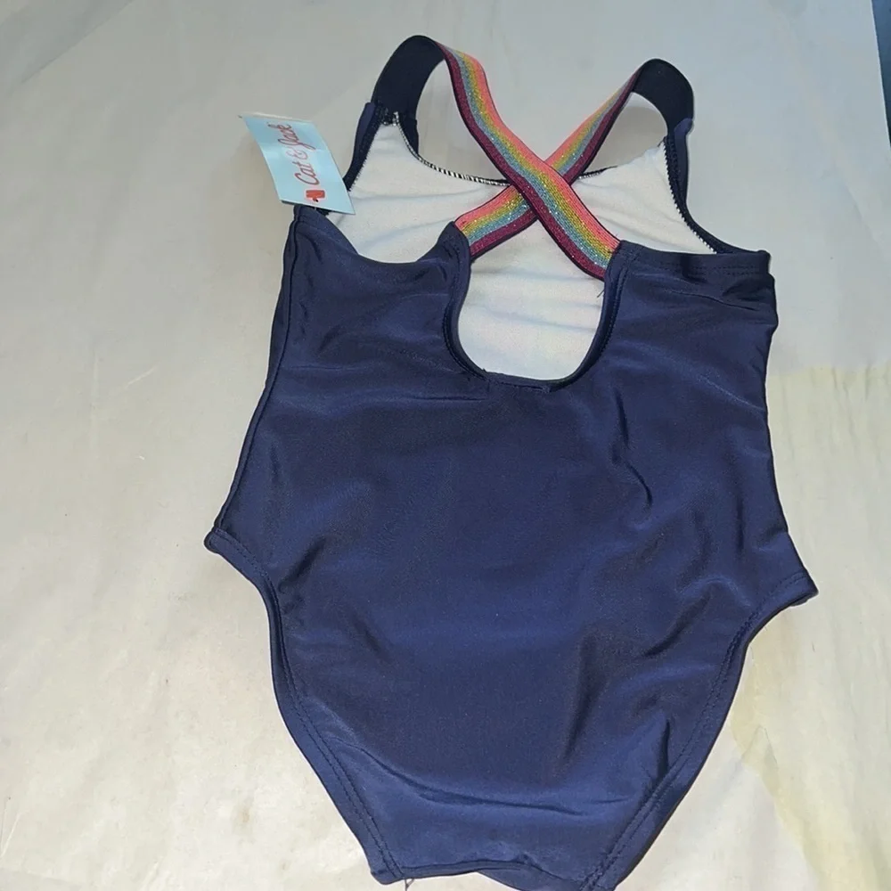 Cat & Jack Navy Sparkling Rainbow stripe crossed straps Sz 3T girls swimsuit new